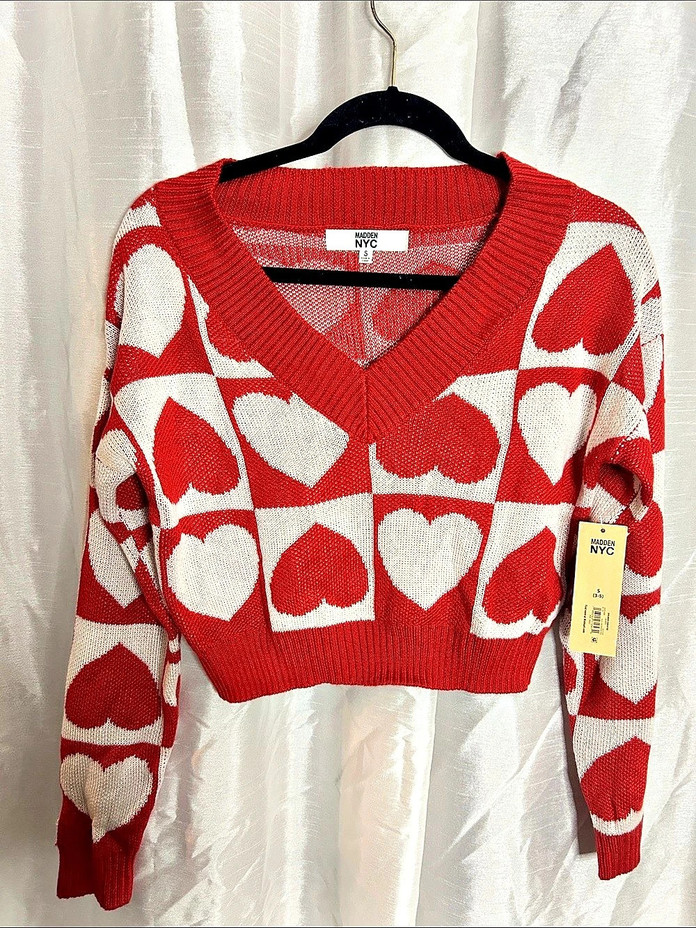 Madden NYC Juniors Jacquard Graphic Sweater Red & White Small